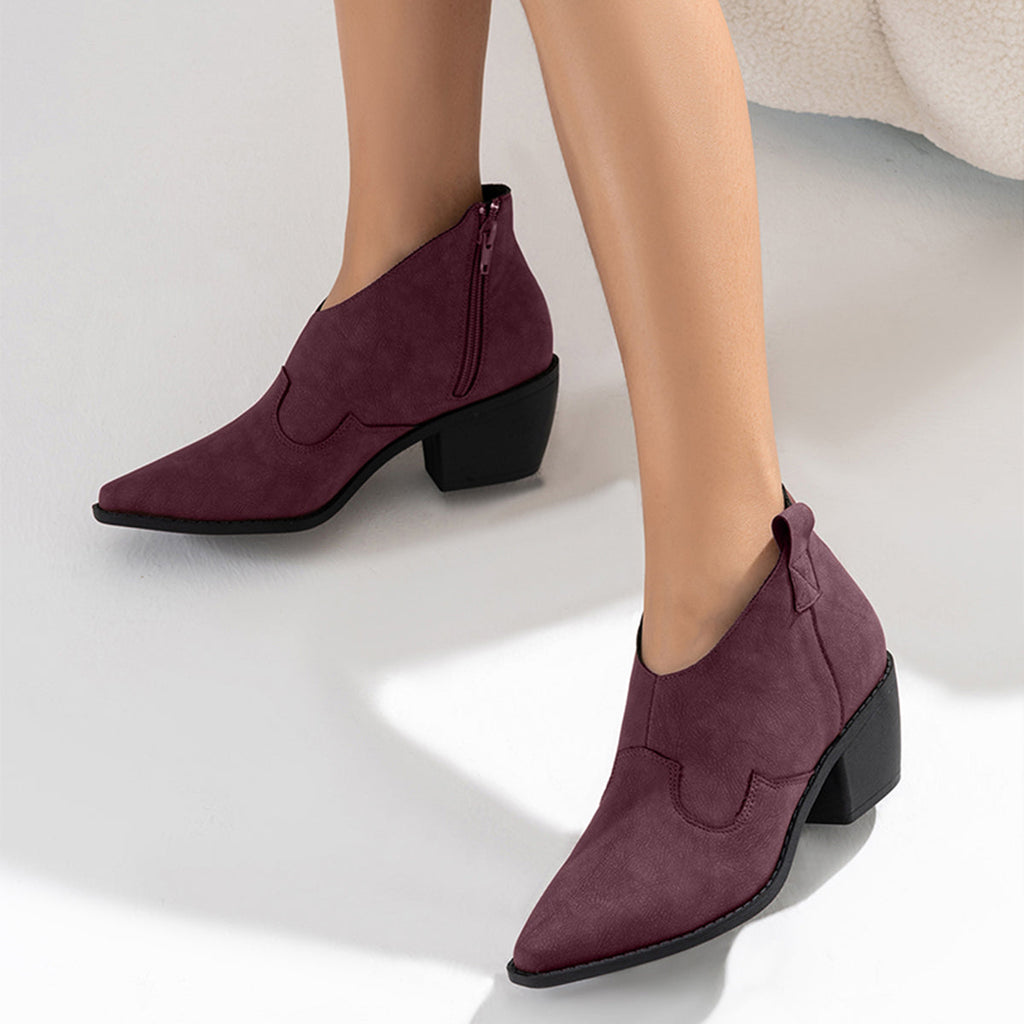 Susiecloths Pointed Toe Western Booties Side Zipper Chunky Heel Ankle Boots