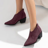 Susiecloths Pointed Toe Western Booties Side Zipper Chunky Heel Ankle Boots