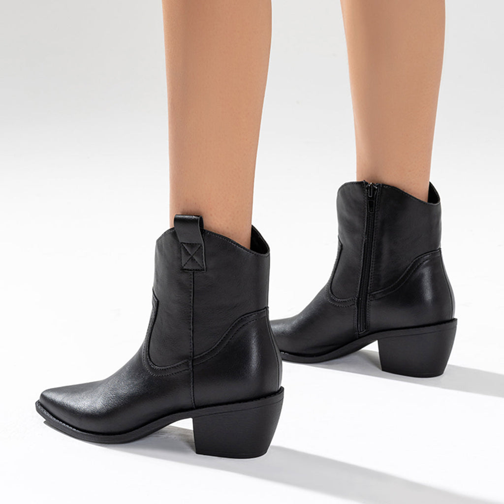 Susiecloths Black Western Cowboy Booties Chunky Stacked Heel Ankle Boots