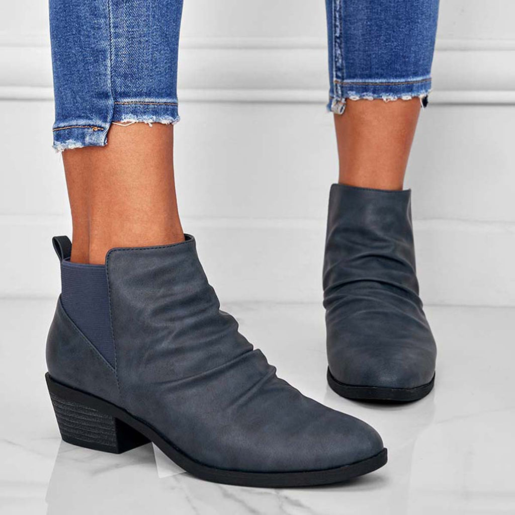 Susiecloths Round Toe Ruched Booties Stacked Block Heel Ankle Boots