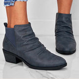 Susiecloths Round Toe Ruched Booties Stacked Block Heel Ankle Boots