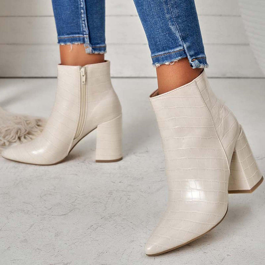 Susiecloths Pointed Toe Ankle Boots Side Zipper Chunky Heel Booties