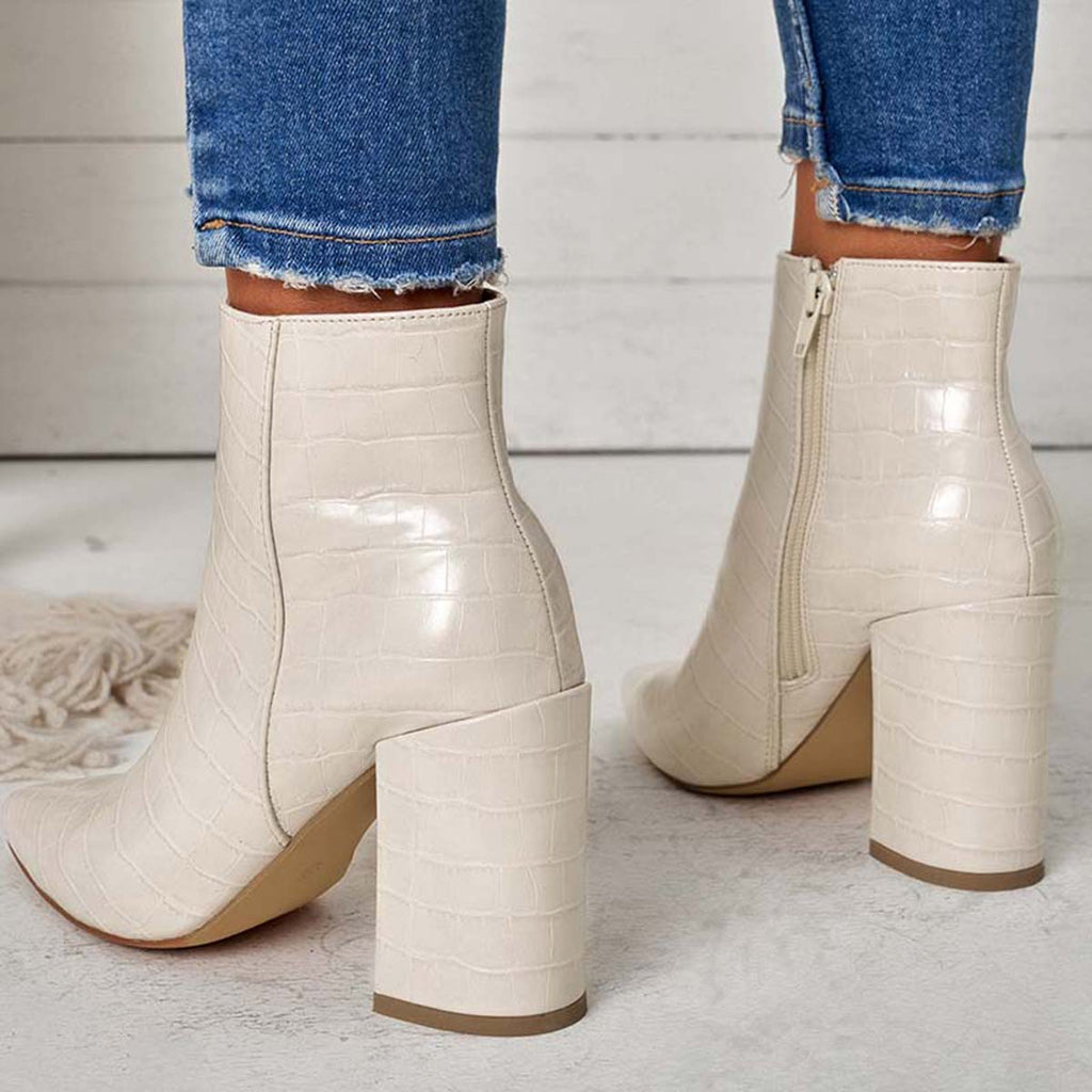Susiecloths Pointed Toe Ankle Boots Side Zipper Chunky Heel Booties