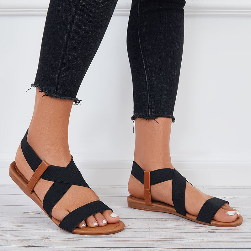 Susiecloths Wide Elastic Ankle Strap Sandals Criss Cross Flat Sandals