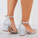 Susiecloths Shiny Chunky Block Heel Sandals Open Toe Ankle Strap Bridal Heels Shoes