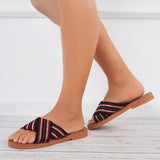 Susiecloths Open Toe Criss Cross Slide Sandals Slip on Summer Flat Slippers