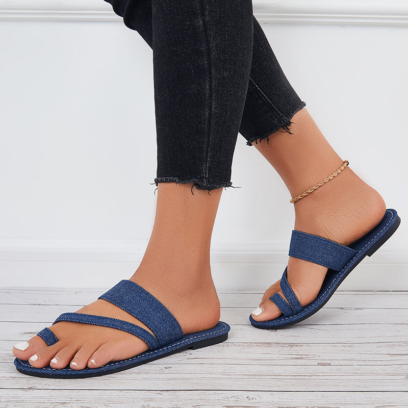 Susiecloths Summer Slippers Toe Ring Wide Flat Sandals Denim Slide Sandals