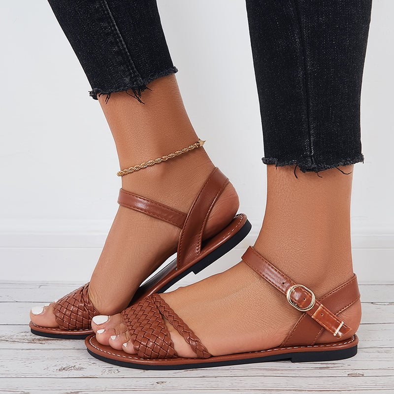 Susiecloths Braided Strap Flat Sandals Open Toe Ankle Strap Summer Shoes