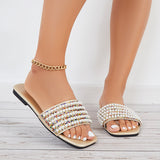 Susiecloths Pearls Decor Flat Slide Sandals Square Toe Beach Slippers