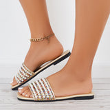 Susiecloths Pearls Decor Flat Slide Sandals Square Toe Beach Slippers
