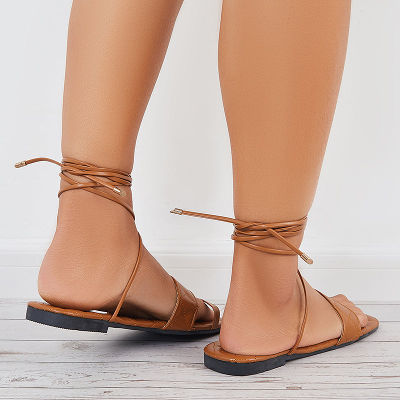 Susiecloths Criss Cross Strappy Flat Sandals Toe Ring Lace Up Sandals