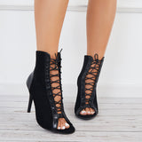 Susiecloths Black Peep Toe High Heel Sandals Lace Up Ankle Boots Party Shoes