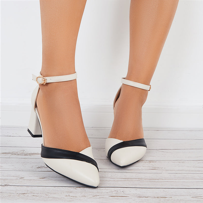 Susiecloths Women Mary Jane Pumps Pointed Toe Ankle Strap Buckle Chunky Block Heels