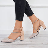 Susiecloths Shiny Chunky Block Heel Pumps Pointed Toe Ankle Strappy Shoes