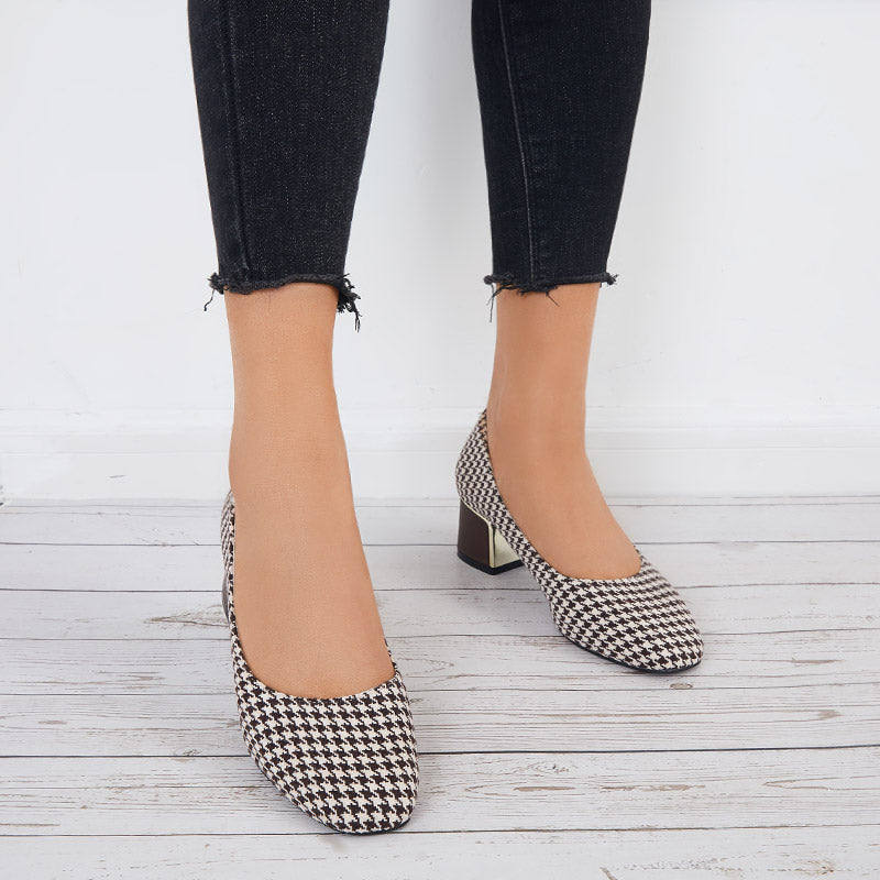 Susiecloths Plaid Chunky Block Low Heel Pumps Square Toe Office Shoes