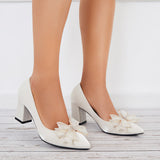 Susiecloths Bow Chunky Block Heel Pumps Pointed Toe Solid Color Dress Shoes