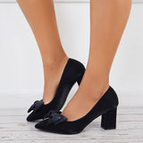 Susiecloths Bow Chunky Heel Pumps Pointed Toe Office Dress Shoes