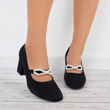 Susiecloths Pearl Mary Jane Pumps Chunky Heels Bowknot Closed Toe Dress Shoes