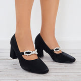 Susiecloths Pearl Mary Jane Pumps Chunky Heels Bowknot Closed Toe Dress Shoes
