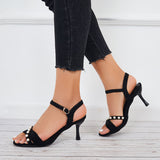 Susiecloths Black Kitten Heel Sandals Pearl Pointed Toe Ankle Strap Sandals