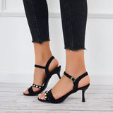 Susiecloths Black Kitten Heel Sandals Pearl Pointed Toe Ankle Strap Sandals