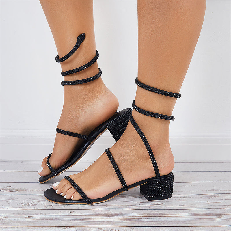 Susiecloths Rhinestone Spiral Strappy Heels Open Toe Block Heel Sandals