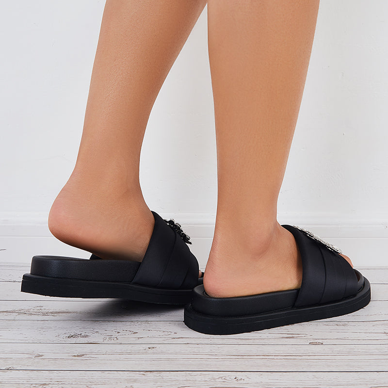 Susiecloths Black Platform Slide Sandals Shiny Buckle Thick Sole Slides