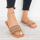 Susiecloths Square Toe Summer Woven Slide Sandals Flat Beach Slippers