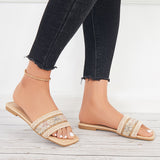 Susiecloths Square Toe Summer Woven Slide Sandals Flat Beach Slippers