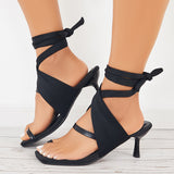 Susiecloths Criss Cross Strappy Kitten Heel Sandals Toe Ring Lace Up Sandals