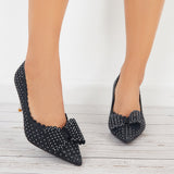 Susiecloths Bow Clear Kitten Heel Pumps Rhinestone Pointed Toe Office Dress Shoes
