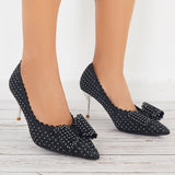 Susiecloths Bow Clear Kitten Heel Pumps Rhinestone Pointed Toe Office Dress Shoes