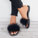 Susiecloths Women Fuzzy Flat Slippers Furry Round Toe Slides Shoes