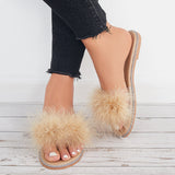 Susiecloths Women Fuzzy Flat Slippers Furry Round Toe Slides Shoes