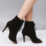 Susiecloths Peep Toe Stiletto High Heel Ankle Boots Lace Up Booties