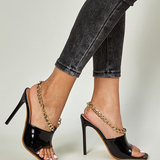Susiecloths Fashion Square Toe Mule Stilettos Metal Chain Slip on Sandals