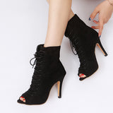 Susiecloths Peep Toe Stiletto High Heel Ankle Boots Lace Up Booties