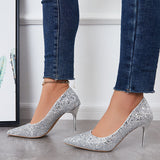 Susiecloths Shiny Pointed Toe Thin High Heels Slip on Stilettos Party Pumps