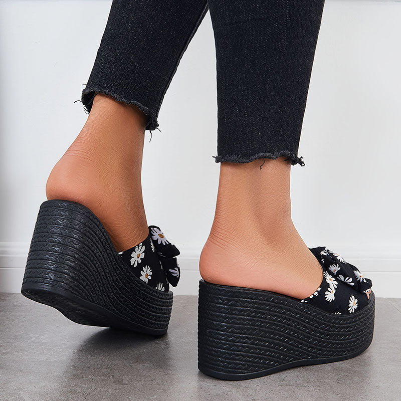 Susiecloths Platform Wedge Sandals Bowknot Slides Casual Open Toe Slip on Dress Slippers