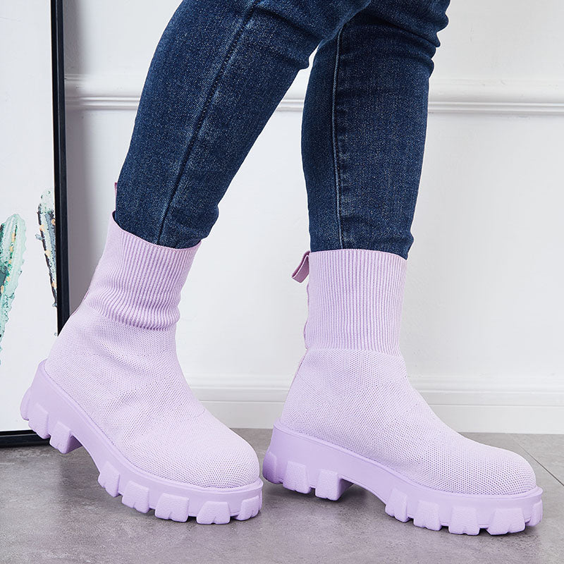 Susiecloths Knit Stretch Platform Ankle Sock Boots Pull on Chunky Sole Booties