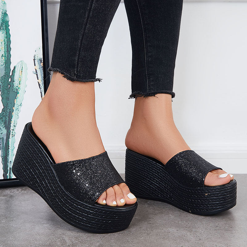 Susiecloths Glitter Platform Wedge Slides Slip on Open Toe Backless Shiny Sandals