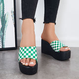 Susiecloths Plaid Platform Wedge Slide Sandals Slip on Open Toe Mules Shoes