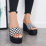 Susiecloths Plaid Platform Wedge Slide Sandals Slip on Open Toe Mules Shoes