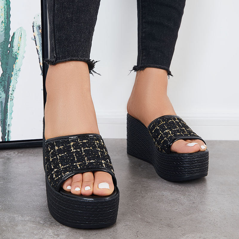 Susiecloths Black Platform Wedge Slides Slip on Open Toe Backless Sandals