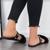 Susiecloths Summer Faux Fur Slippers Slide Sandals Square Toe Flats Shoes