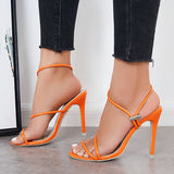 Susiecloths Elastic Strappy High Heel Sandals Square Toe Ankle Strap Stiletto Heels