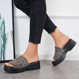 Susiecloths Black Open Toe Flatform Slides Wedge Heel Sandals
