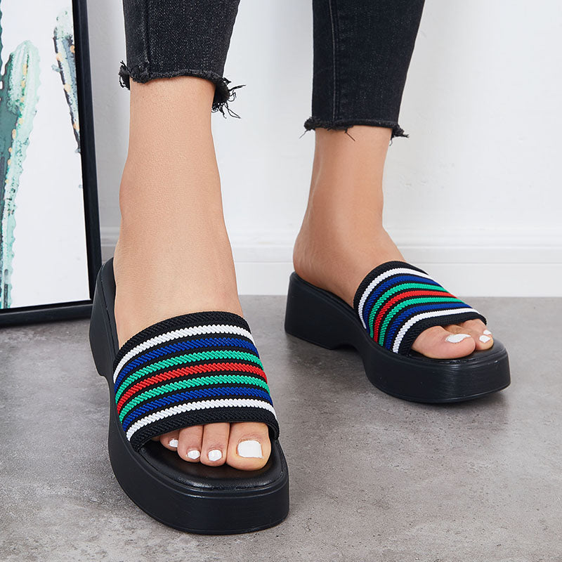 Susiecloths Platform Wedge SIide Sandals Open Toe Slip on Elastic Band Wedges