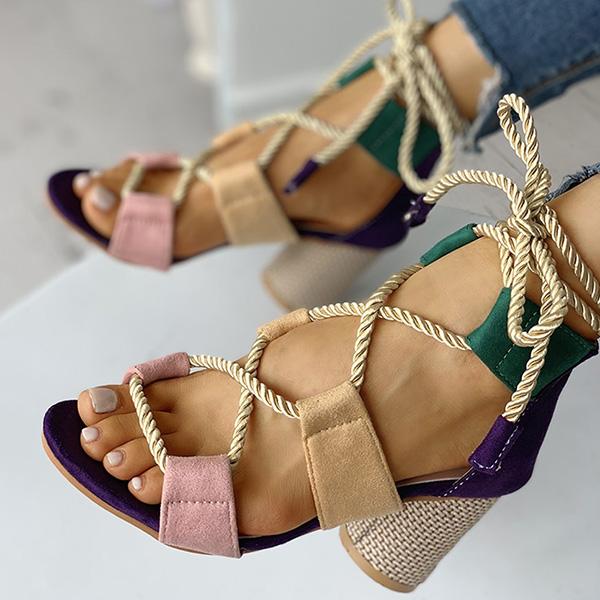 Susiecloths Colourblock Lace-up Chunky Heels Open Toe Sandals