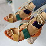 Susiecloths Colourblock Lace-up Chunky Heels Open Toe Sandals